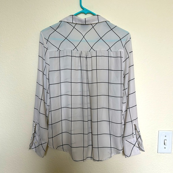 White and Black Grid Pattern Sheer Women's Button Down Blouse Top - Picture 3 of 3